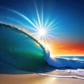 At the sun rises over a dazzlingly blue casting its rays of light across the beach in brilliant