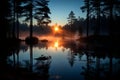 the sun rises over a lake in a forest