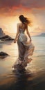 Romantic Seaside Painting: Woman In Water, Mark Lovett Style