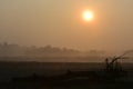 Sun rising above the foggy river in Chitwan National Park in Nepal Royalty Free Stock Photo