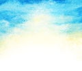 Sun rising on blue sky abstract clouds watercolor texture