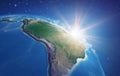Sun rising upon the Earth. South America, Amazon rainforest and Brazil