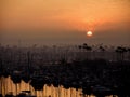Sunrise in red sky over small craft in harbor at Marina del Rey, California Royalty Free Stock Photo
