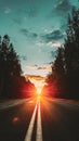 Sun Shine Above Asphalt Country Open Road In Sunny Morning Or Evening. Open Free Road In Summer Or Autumn Season At Royalty Free Stock Photo