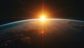 Sun rising over planet earth in space. Planet view with moon horizon. Astronomy background. Royalty Free Stock Photo