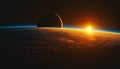 Sun rising over planet earth in space. Planet view with moon horizon. Astronomy background. Royalty Free Stock Photo