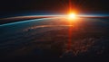 Sun rising over planet earth in space. Planet view with moon horizon. Astronomy background. Royalty Free Stock Photo