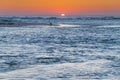 Sun rising over the sea with pelican and seagulls