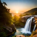 the sun is rising over a waterfall on top of a mountain