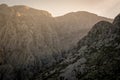 Sun rising in rock mountains in Kotor