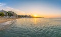 Sun rising at sunrise on a beautiful beach in Sunny Beach on the Black Sea coast of Bulgaria Royalty Free Stock Photo