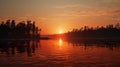 A calm sunset over a forest-lined lake, with the sky ablaze in orange hues reflecting off the water\'s surface Royalty Free Stock Photo