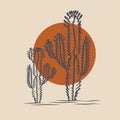 Sun and saguaros illustration desert vintage design. Cacti plant logo vector line art