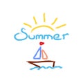 Sun, sailboat and text Summer painted with watercolor brush. Sketch drawn by hand. Vector Illustration.