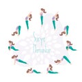 Sun salutation. Surya namaskar. Complex asanas,fitness training.Yoga sequence