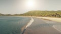 Sun sand beach at sea coast aerial. Summer tropic vacation at ocean bay. Nature landscape, seascape