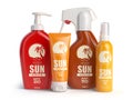 Sun screen cream, oil and lotion containers. Sun protection and Royalty Free Stock Photo