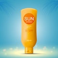 Sun screen lotion bottle template on blue background