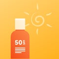 Sun screen protection cream concept. Vector flat illustration. Orange color bottle of suncream on yellow background with sun icon