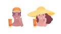 Sun screen protection cream concept. Vector flat illustration. Tan male and female head avatar in hat apply suncream to face.