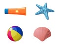 Sun Screen, Starfish, Beach Ball and Sea shell Isolated Illustrations Set