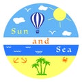 Sun, sea, beach, air balloon, anchor, crab, palms.