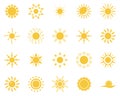 Sun, sea, cloud. Summer time icon set. Set of yellow icons of the sun, isolated on white background Royalty Free Stock Photo