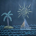 Sun, sea, sailboat and island drawing on black chalkboard Royalty Free Stock Photo