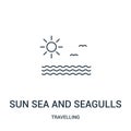 sun sea and seagulls icon vector from travelling collection. Thin line sun sea and seagulls outline icon vector illustration.