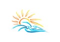 Sun sea wave logo, vintage summer symbol, retro wild nature marine concept design Royalty Free Stock Photo