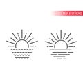 Sun and sea waves simple thin line vector icon.