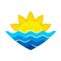 Sun with sea waves stylized logo. Elegant sunrise with blue water symbol. Tribal asian design sunshine.