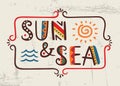 Sun and Sea-word in ethnic african style on grunge background Vector elements-letters, wave, sun, frame Royalty Free Stock Photo