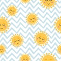 Sun seamless pattern. Cute yellow sun face on blue zigzag background Sunshine print Sun symbols wallpaper in vector Royalty Free Stock Photo