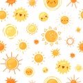 Sun seamless pattern vector illustration, cartoon flat cute happy funny sun characters with smiling faces shining