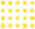 The sun. A set of suns of different shapes. Sun rays icons isolated on white background Royalty Free Stock Photo