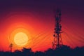 The sun sets in the background as it casts a warm glow on a tall metal telephone tower, Wireless tower broadcasting signal in a Royalty Free Stock Photo