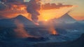 The sun sets behind a range of tall volcanoes casting an otherworldly glow over the land. Clouds of ash and smoke billow