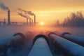 The sun sets behind a series of pipes in a factory, creating a striking industrial silhouette, A foggy dawn breaking over