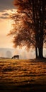 Soothing Luminist Landscape: Animals Grazing Near Autumn Tree