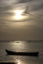The sun sets over a boat moored in Jaffna Lagoon in the far north of Sri Lanka.