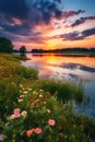 Majestic Sunset Over Lake With Wildflowers Royalty Free Stock Photo