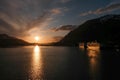 Sun sets over cruise ships docked at Juneau in Alaska Royalty Free Stock Photo