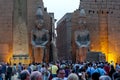 The sun sets over the entrance pylon of the Luxor Temple (Temple of Amun-Ra) in Luxor, Egypt.