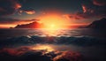 Sun sets over serene seascape mountains in background ,generative AI