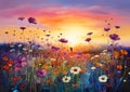 The Sun Sets on a Surreal, Dreamy Field of Flowers Royalty Free Stock Photo