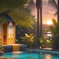 Sun sets on a tropical poolside vacation