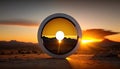 the sun is setting behind a round object in the desert. generative ai