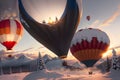 Sun Setting Behind Snowy Mountains as Hot Air Balloons Take Off, their Canopies Covered in Snow. AI generated Royalty Free Stock Photo