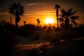 sun setting behind towering dunes, with silhouetted palm trees on the horizon Royalty Free Stock Photo